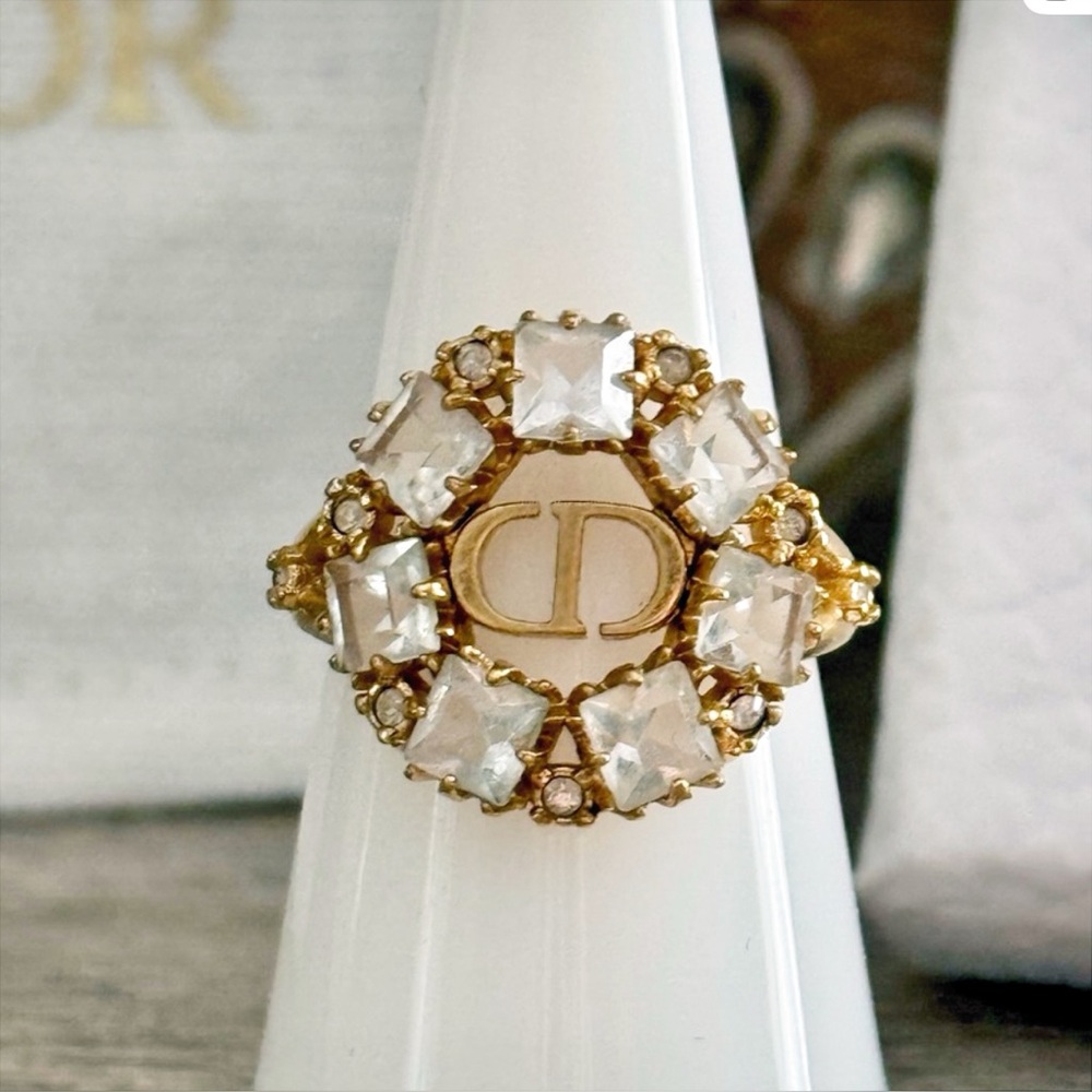 Christian Dior Gold and White Crystal Logo Ring